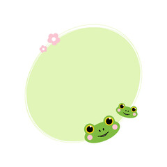 Oval frame, card template, background with cute green frog characters and flowers for kids, children and nature design.