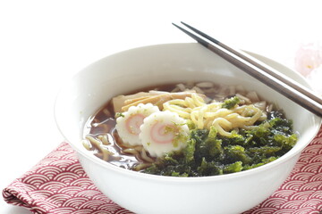 Japanese food, ramen noodles with fish cake and dried seaweed 
