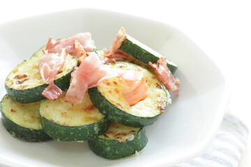 Chinese food, cucumber and bacon stir fried with copy space