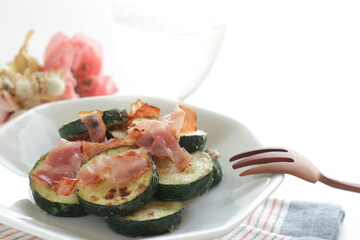 Chinese food, cucumber and bacon stir fried with copy space