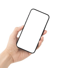 Hand holding the black smartphone with blank screen, Can use mock-up for your application or website design project.