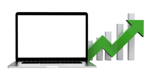 Modern laptop  isolated on white background with arrow chart. 3D Illustration.