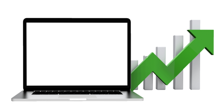 Modern laptop  isolated on white background with arrow chart. 3D Illustration.