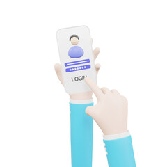 Cartoon hand, login, and face scan to an online account on a smartphone app. User interface. Secure login and password  isolated on a transparent background	