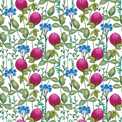 Watercolor illustration of leaf and flowers, seamless pattern on white background.