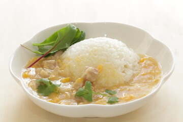 Chinese food, Chicken and sweet corn soup rice in white plate 