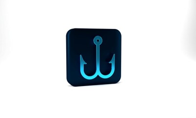 Blue Fishing hook icon isolated on grey background. Fishing tackle. Blue square button. 3d illustration 3D render