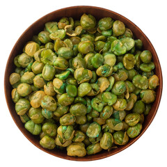 Salted green peas in wooden bowl mockup, Cutout.