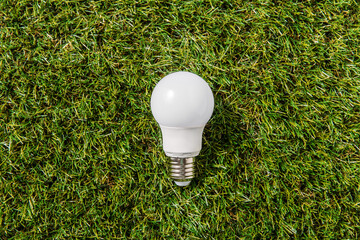 electricity, energy and power consumption concept - close up of lightbulb on green grass background