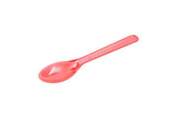 Red plastic spoon isolated on white background. - obrazy, fototapety, plakaty