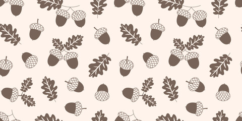 Acorn vector seamless pattern, brown autumn background, fall oak leaves texture. Nature simple illustration