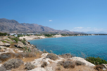 Crete - View over the Orthi Ammos beach and the huge sand dunes. Sfakia district, region of Chania
