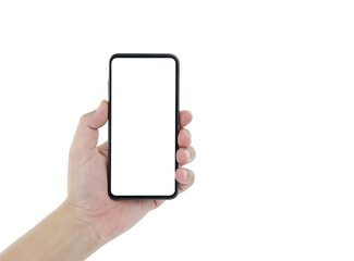 Man hand holding smartphone with blank screen on transparent background, Png file