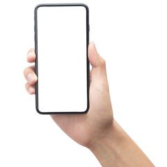 Hand holding smartphone with blank screen, Cutout.