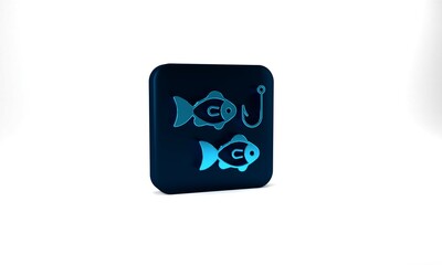 Blue Fishing hook under water with fish icon isolated on grey background. Fishing tackle. Blue square button. 3d illustration 3D render