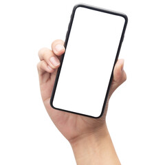 Hand holding smartphone with blank screen, Cutout.
