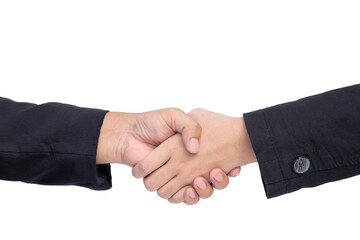 Close up mature and young businessmen are shaking hands on transparent background, Png file	