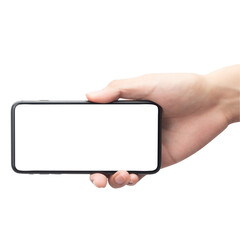 Hand holding smartphone with blank screen, Cutout.
