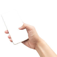 Hand using smartphone with blank screen, Cutout.