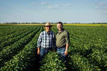 Portrait of two farmers in a field examining soy crop.