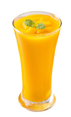 Fresh beautiful delicious mango juice smoothie in glass cup isolated on white background.