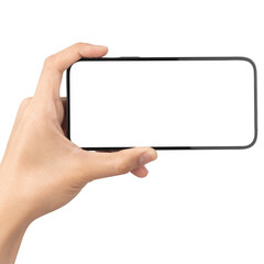 Man hand holding smartphone with blank screen, Cutout.