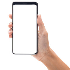 Man hand holding smartphone with blank screen, Cutout.