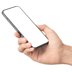 Man hand holding smartphone with blank screen, Cutout.