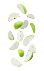 Cutout of slice ripe green apple falling.