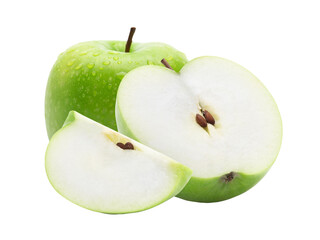 Cutout of ripe whole green apple with half and leaf.