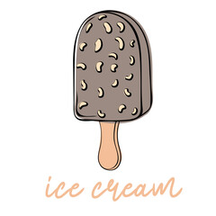 Outline chocolate ice cream or popsicle isolated on white background. Sweet dessert. Contour drawn vector illustration