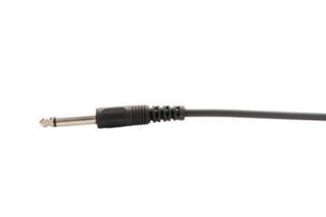 Guitar audio jack with black cable isolated on white background.