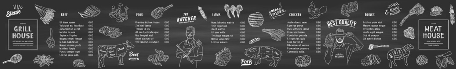 Restaurant Food Menu Design. Chicken legs, steaks, lamb ribs with vintage kitchenware kitchen utensils. Meat Fork and Butcher Cleaver and herbs knife. Sauces and ingredients for grilling. Vector. - obrazy, fototapety, plakaty