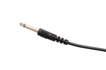 Guitar audio jack with black cable isolated on white background.