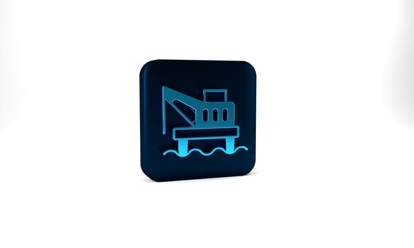 Blue Oil platform in the sea icon isolated on grey background. Drilling rig at sea. Oil platform, gas fuel, industry offshore. Blue square button. 3d illustration 3D render