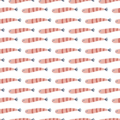 Seamless pattern with cute red striped hand drawn fish.