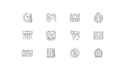 Minimal summer heat wave icon set. Outline global warming icon collection. Simple line vector illustration.