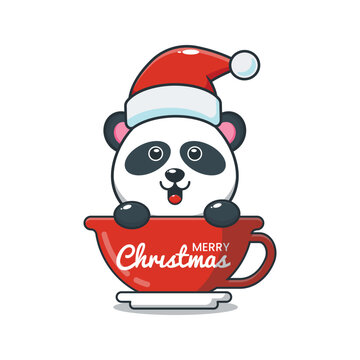 Cute christmas panda wearing santa hat in cup. Cute christmas cartoon illustration.