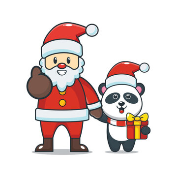 Cute christmas panda with santa claus. Cute christmas cartoon illustration.