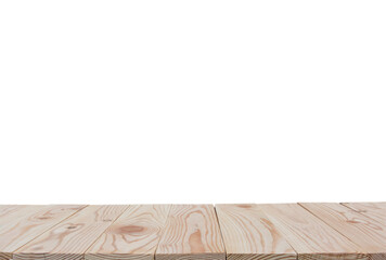 Empty wooden board table top isolated on white background with clipping path and copy space for display or montage your products