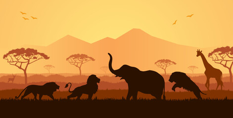 Savannah Landscape Sunset Vector Illustration. Best African Landscape With African Lion Predator Illustration