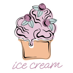 Outline blueberry ice cream in a cup isolated on white background. Sweet dessert. Contour drawn vector illustration