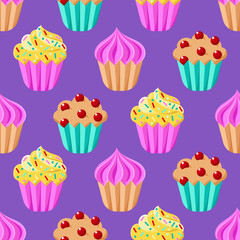 Cupcakes vector seamless pattern. Cartoon colorful desserts on purple backdrop