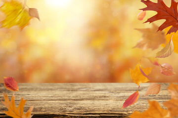 Naklejka na ściany i meble Autumn background with flying orange leaves. Copy space