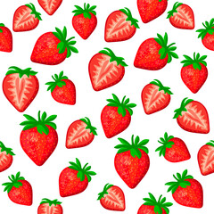  Seamless pattern with strawberries isolated on a white background. Pattern with whole and pieces of strawberries.Gift wrapping, wrapping paper.