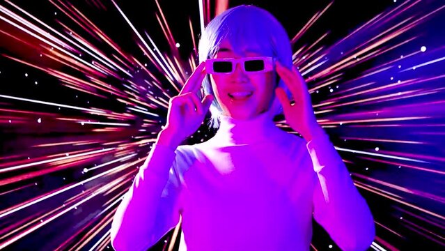 4K video Metaverse concept gamer girl futuristic style. young asian woman wearing white shirt and 3d glasses on motion 3d background. 