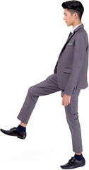 Young asian business man in suit walking movement png transparent file, portrait of executive or manager, happy businessman handsome and smart, male with confident for success.