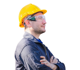 Smiling factory worker man in hard hat with crossed arms on white background