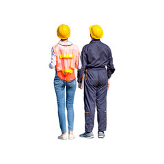 Female engineer and worker man in hard hat