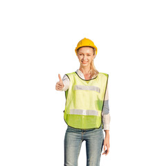 Female Engineer, worker in hard hat with showing thumbs up